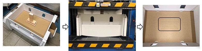 木製板治具をダンボールゆりかごの床面に押し付ける荷重耐久テスト