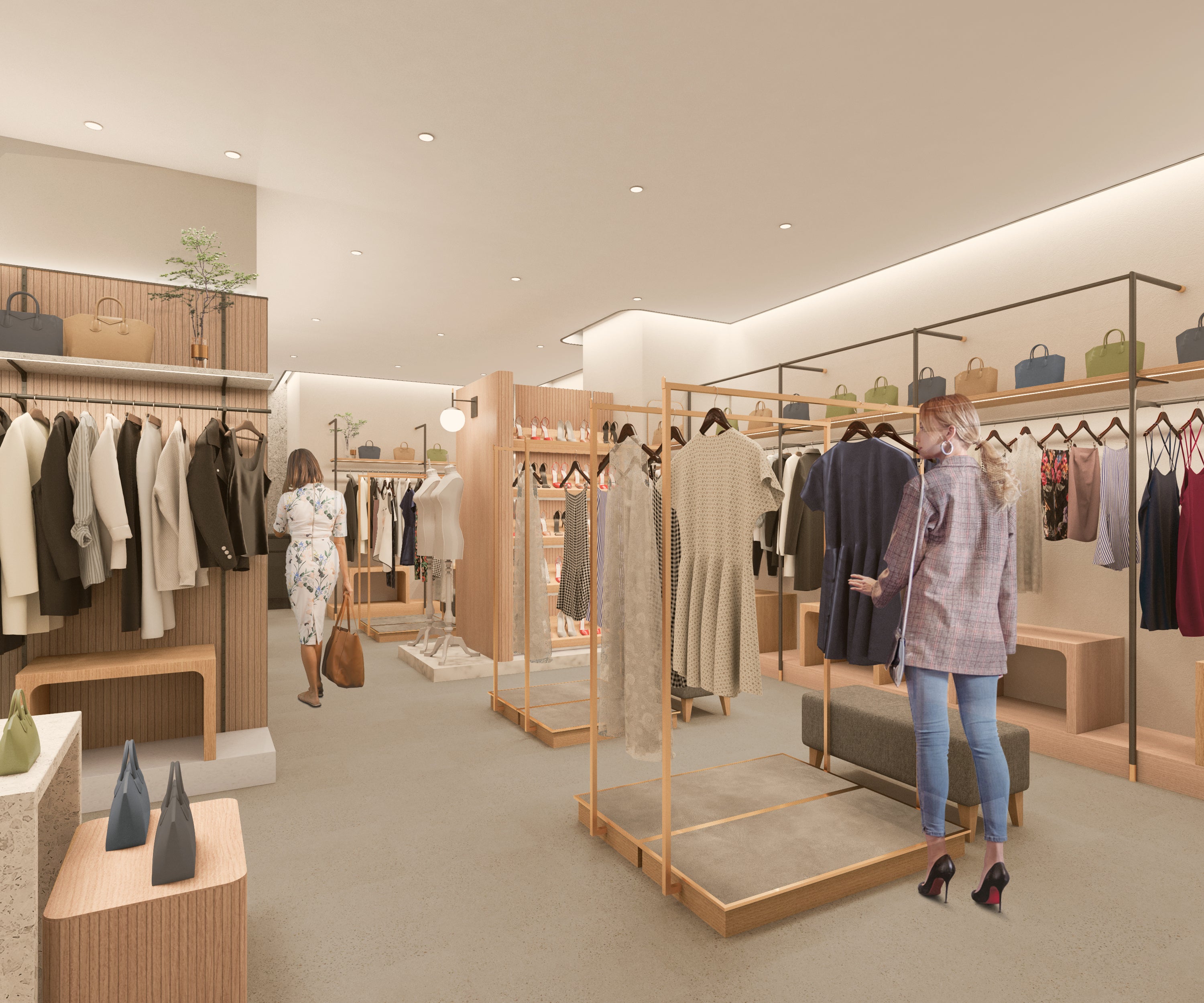 １F：販売フロア　銀座でお買い物を楽しむお客様に、幅広いブランドアイテムを気軽に手に取って試せる楽しさを提供