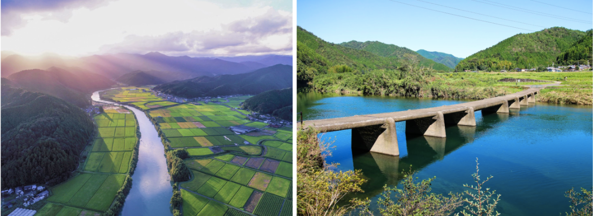 （左）四万十川（松葉川柳瀬・志和分）（右）一斗俵沈下橋