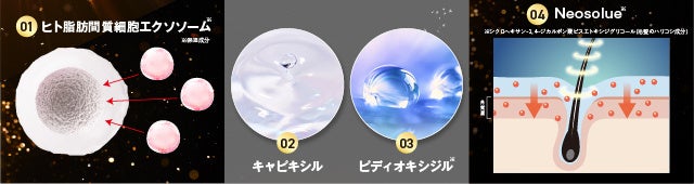 (画像左から)アンチエイジング界注目の成分、エクソソーム/奇跡の養毛成分と呼ばれる2大先進成分/ブースター効果で頭皮にどんどん浸透