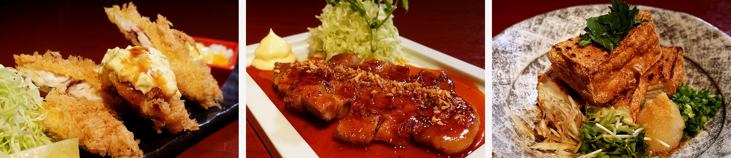 左から「アジフライ」1,078円、「清流豚のトンテキ」1,320円、「厚揚げ豆腐」660円