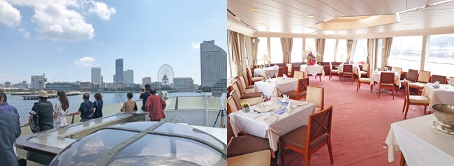 （左）屋上デッキから横浜港を一望　　　（右）船内2階ダイニング（55㎡）