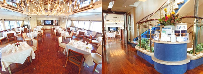 （左）船内1階メインダイニング（55㎡）　　　（右）乗下船口からエントランスエリア