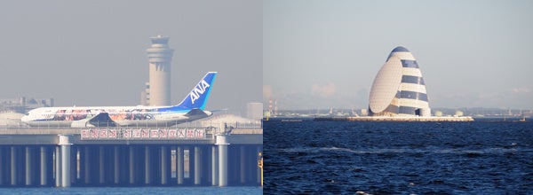 （左）羽田空港　D滑走路に着陸する特別塗装機　　　　　　（右）東京湾アクアライン：風の塔