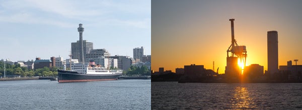 （左）山下公園と氷川丸　　　（右）東京港：大井埠頭沖からのサンセット