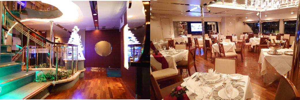 左：エントランスにもクリスマスツリーが。気分も盛り上がります　　右：船内1階メインダイニングはフローリングと落ち着いたインテリアが印象的です