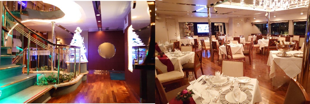 左:エントランスにもクリスマスツリーが。気分も盛り上がります 右:船内1階メインダイニングはフローリングと落ち着いたインテリアが印象的です