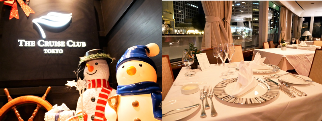 左：メインエントランスのクリスマスイメージ　　右：船内2階テーブルセットのイメージ