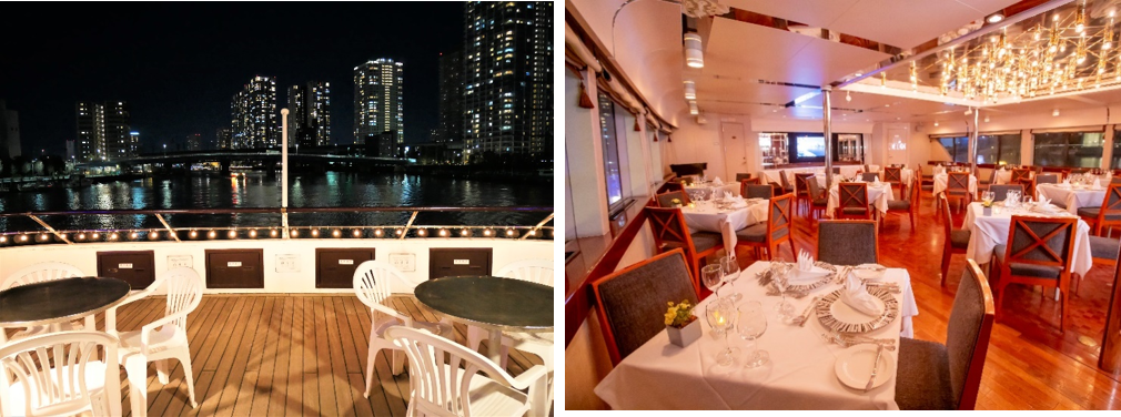 左：2階後方デッキからの夜景　　　　　　　　　　　　　右：船内1階メインダイニング内観