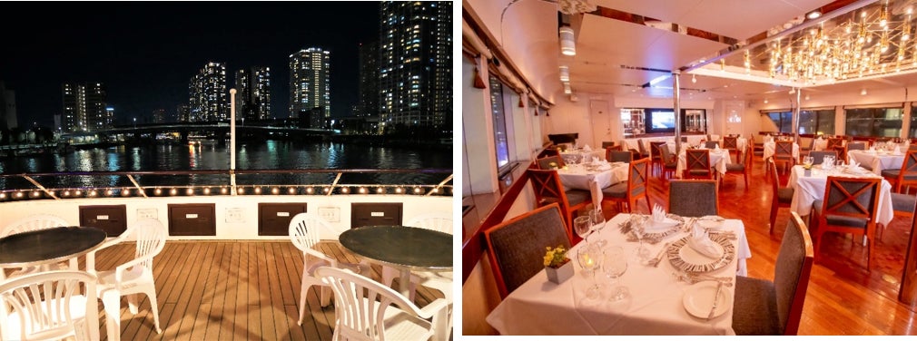 左:2階後方デッキからの夜景 右:船内1階メインダイニング内観