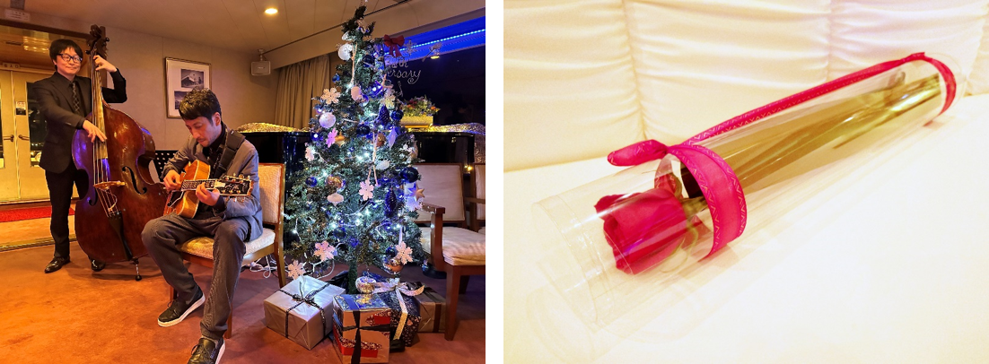 左：クリスマス気分を盛り上げるJAZZデュオの演奏＜イメージ＞　　右：バラの花一輪を専用ケースに入れてプレゼント。1組1本＜イメージ＞