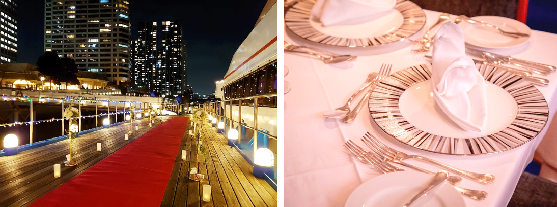 左：乗船時には船をバックに写真撮影のサービスも。レッドカーペットが特別な夜を演出します。　右：ヨットをイメージしたテーブルナプキンとお二人のテーブルをセット＜イメージ＞