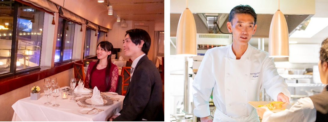 右：いよいよ出航！クリスマスクルーズの始まりです　　右：一つの皿を丁寧に、美味しく召し上がっていただくために妥協はしません