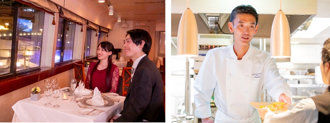 右:いよいよ出航!クリスマスクルーズの始まりです 右:一つの皿を丁寧に、美味しく召し上がっていただくために妥協はしません