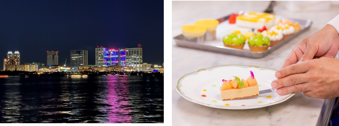 左：船上から眺めるいr未ネーションもクリスマススペシャル。済んだ空気が一層鮮やかに　　　右：食後のデザートもクリスマス仕様。とっておきの一皿は当日のお楽しみ＜写真はイメージ＞