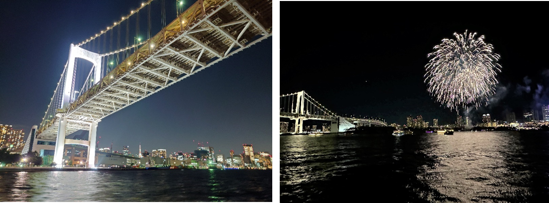 レインボーブリッジの橋の下から見上げると迫力満点です　　右：12月23日のみ「お台場レインボー花火」を船上から鑑賞できます＜写真は昨年の様子＞