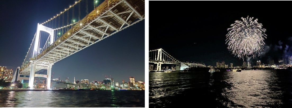 レインボーブリッジの橋の下から見上げると迫力満点です 右:12月23日のみ「お台場レインボー花火」を船上から鑑賞できます<写真は昨年の様子>