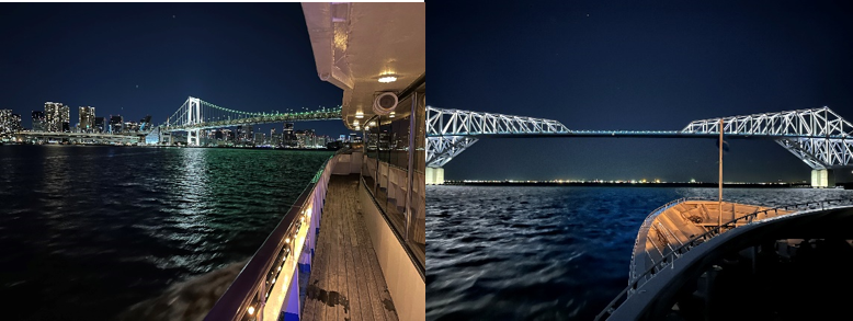 左：レインボーブリッジ越しの芝浦埠頭方面、食事が終わる頃に一番の夜景スポットに差しかかります　　右：東京ゲートブリッジはトラス構造の橋です。羽田空港から浦安沖までを一望できます