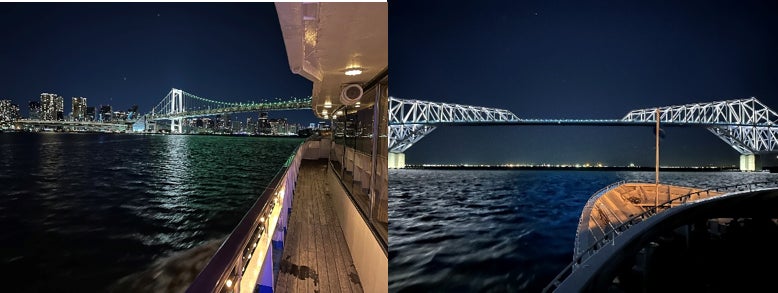 左:レインボーブリッジ越しの芝浦埠頭方面、食事が終わる頃に一番の夜景スポットに差しかかります 右:東京ゲートブリッジはトラス構造の橋です。羽田空港から浦安沖までを一望できます