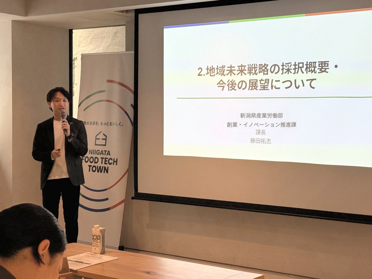 地域未来戦略の採択概要を説明する新潟県 藤田課長