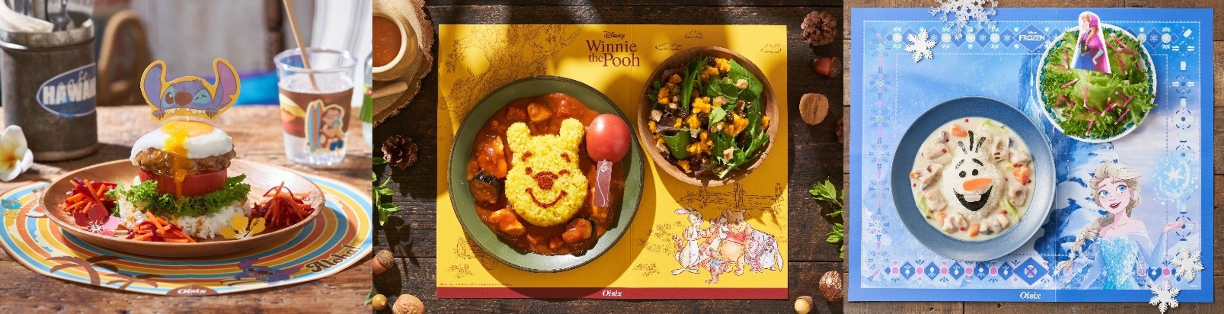 ＜ディズニー＞Kit Oisix過去販売商品　（左から）＜リロ＆スティッチ＞ハワイアンロコモコ、「くまのプーさん」トマトカレー、＜アナと雪の女王＞氷の世界のスノーシチュー