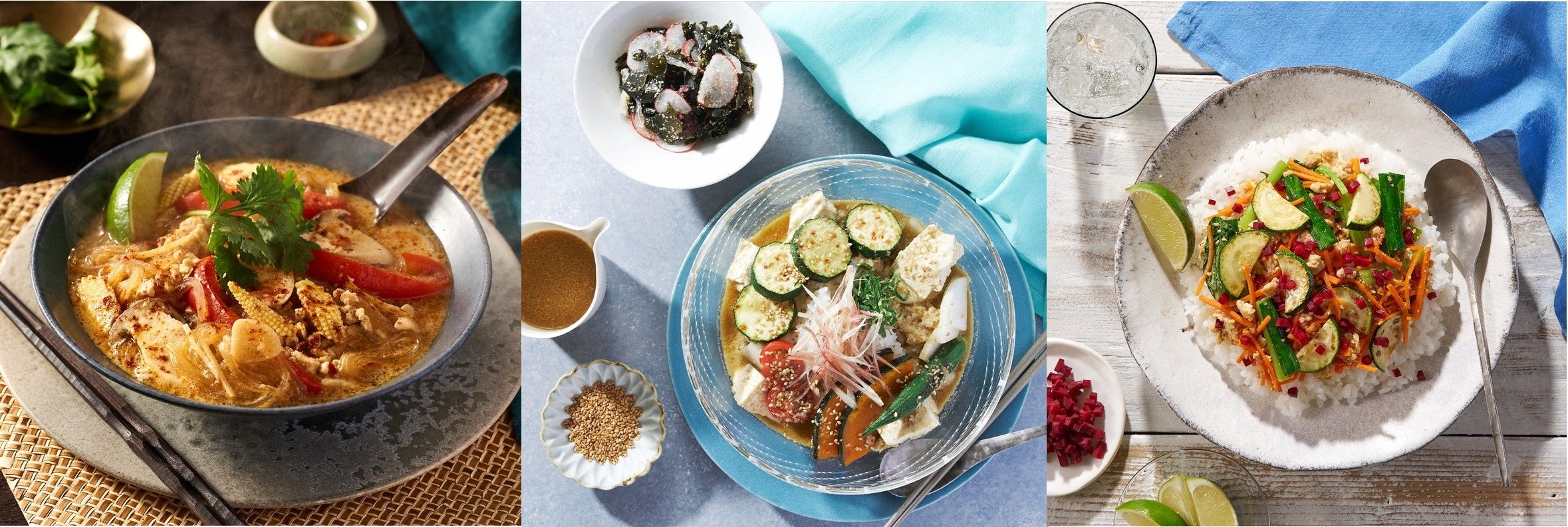 ▲（左から）Purple Carrot 【ヴィーガン】「ココナッツ香るスープ」「彩野菜の香ばし冷や汁」「夏野菜のビビンバ」 