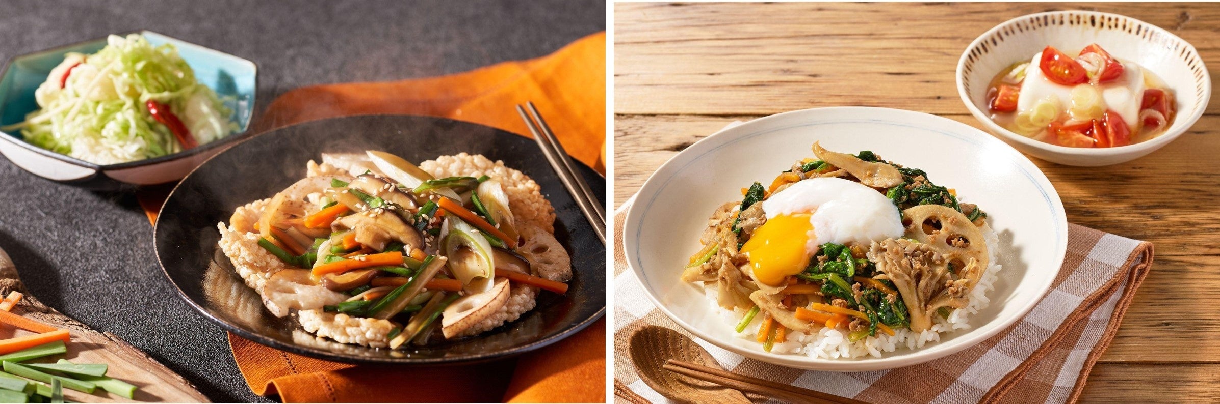 ▲左から「（ヴィーガン）あんかけ中華おこげ」、「牛タンの皮そぼろの秋ビビンバ」