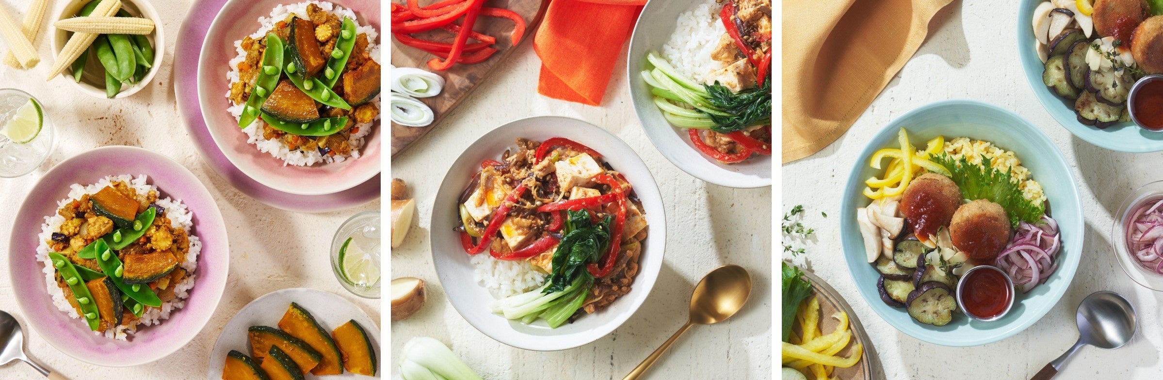 ▲Purple Carrot「2分の1日分野菜ドライカレー」「デュカ香る彩り麻婆丼」「ファラフェルボウル」