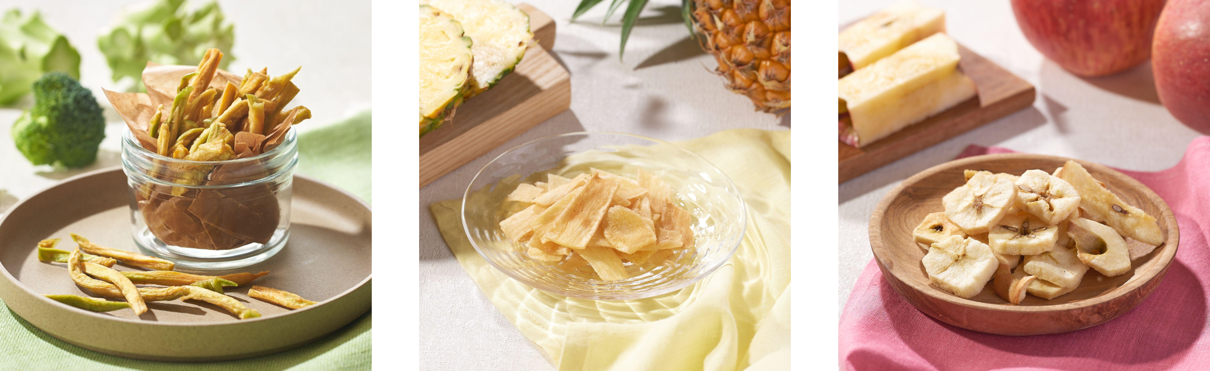 ▲（左から）「ここも食べられるチップス　ブロッコリーの茎」「ここも食べられるチップス　パインの芯」「ここも食べられるチップス　りんごの芯」