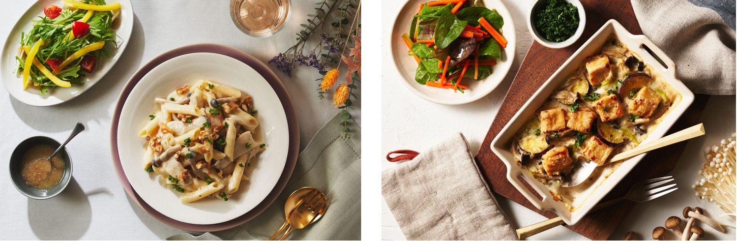 ▲Purple Carrot　新メニュー「きのこのハーブパスタ」「きのこの豆乳グラタン」