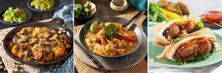 ▲（左から）Purple Carrot [ヴィーガン]「茄子のベジグラタンとデリのプレート」、「ココナッツ香るスープと赤米ライスのセット」、「ファラフェルサンドとサラダのプレート」（イメージ）