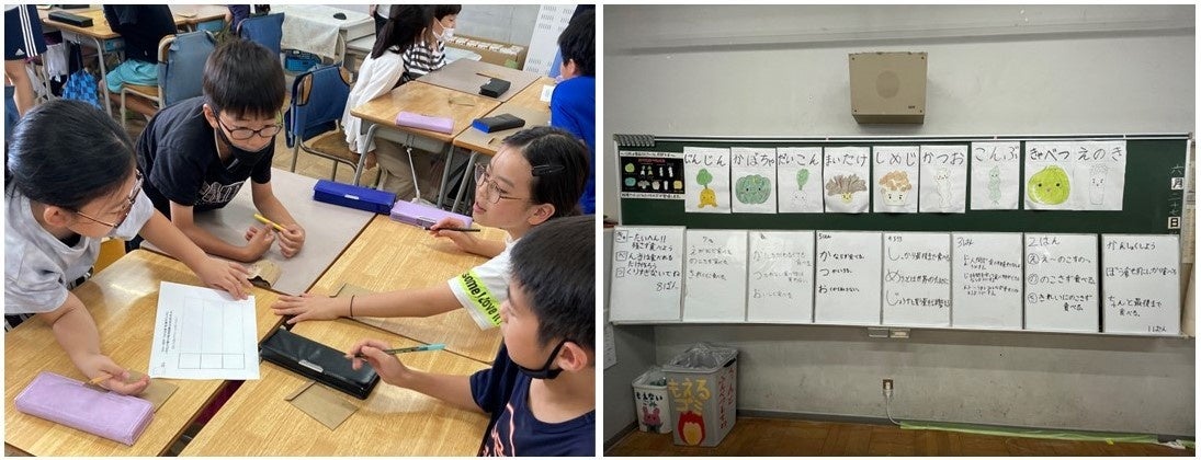 ▲特別授業の様子　　　　　　　　　　　　　▲子どもたちが作成した”食品ロス削減マイルールあいうえお作文”