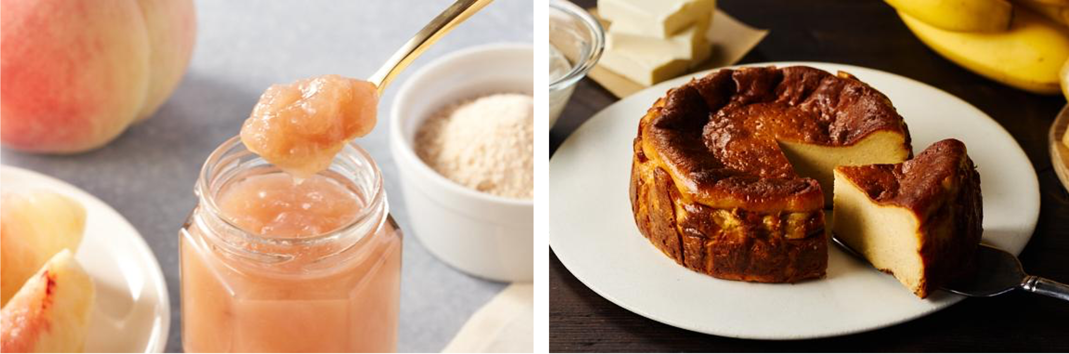 ▲流通過程で発生するフードロスを削減、「もったいない桃で作ったゴロッとももジャム」（左）、「シェフ監修！しっとりバナナチーズケーキ」