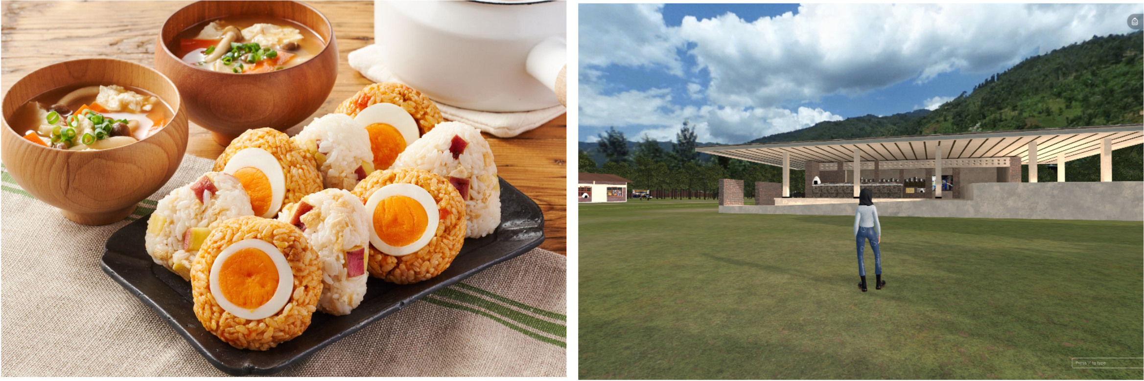 ▲お子さまも楽しくおにぎりメニューが作れるミールキットを販売／メタバースで体験できる、支援先ルワンダ・バンダ村の給食室