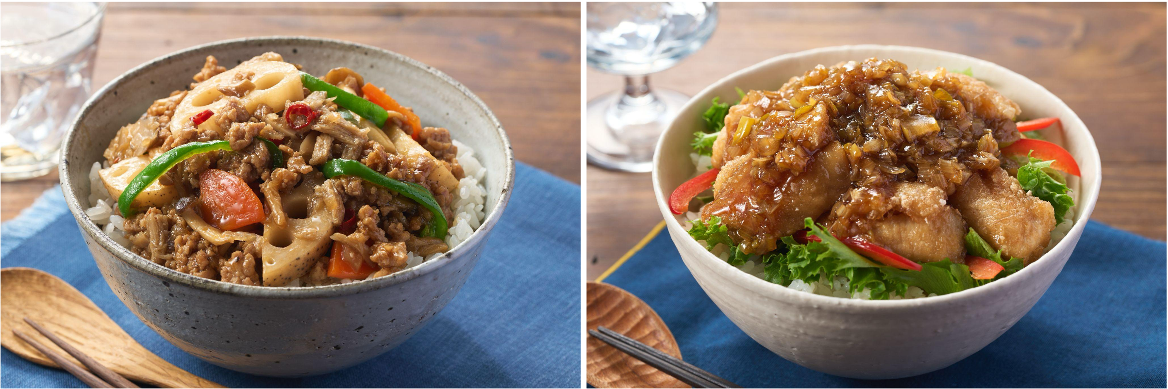 ▲Kit Oisix「栗原心平きのこ軸オイルのあんかけそぼろ丼」（左）、Kit Oisix「栗原心平の長ねぎまるごと油淋鶏丼」