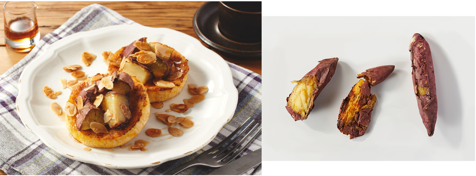 ▲左から、Kit Oisix「パンク焼き芋の塩バターフレンチトースト」、規格外の焼き芋