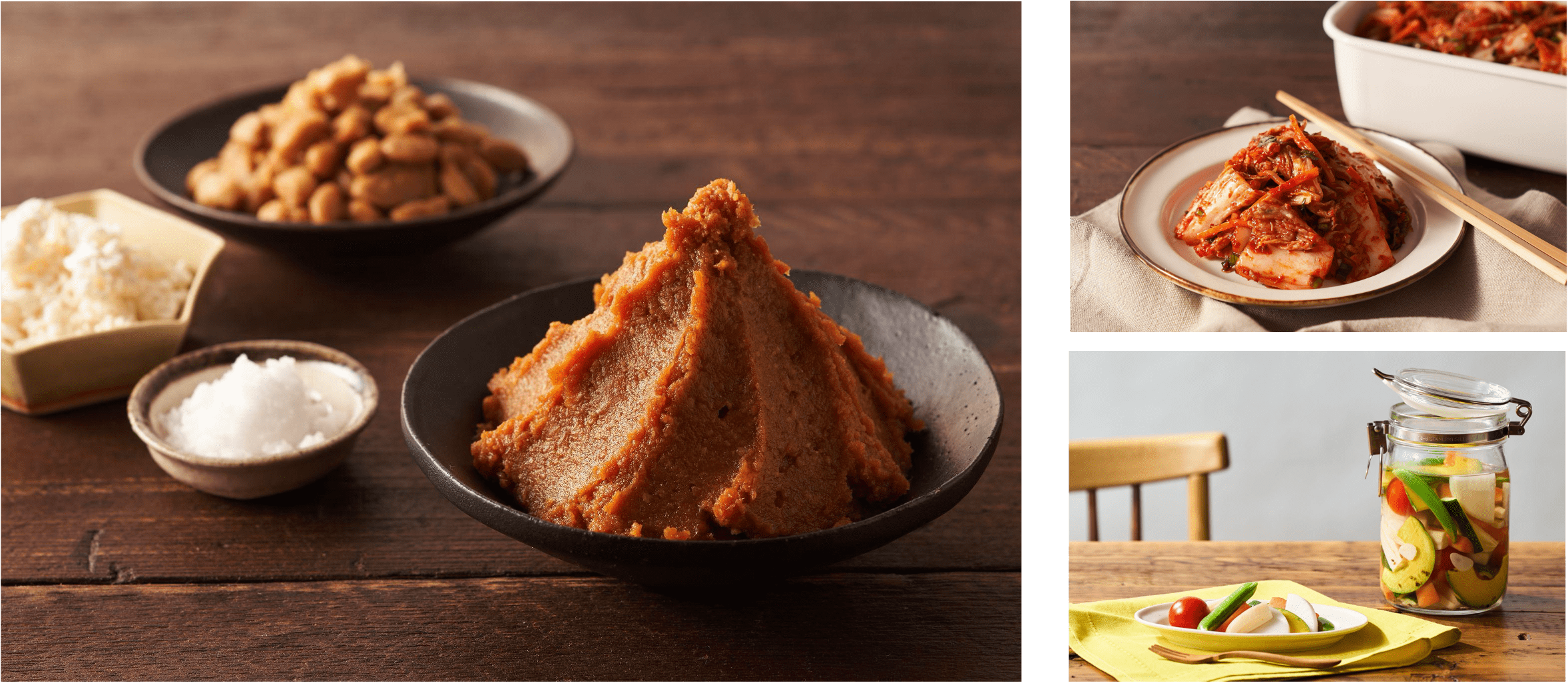 ▲Kit Oisix「手仕事を楽しむ！やさか味噌」(左)「野菜を加えて！自家製手作りキムチ」(右上)「旬を詰め込んで！7種野菜お手軽ピクルス」(右下)