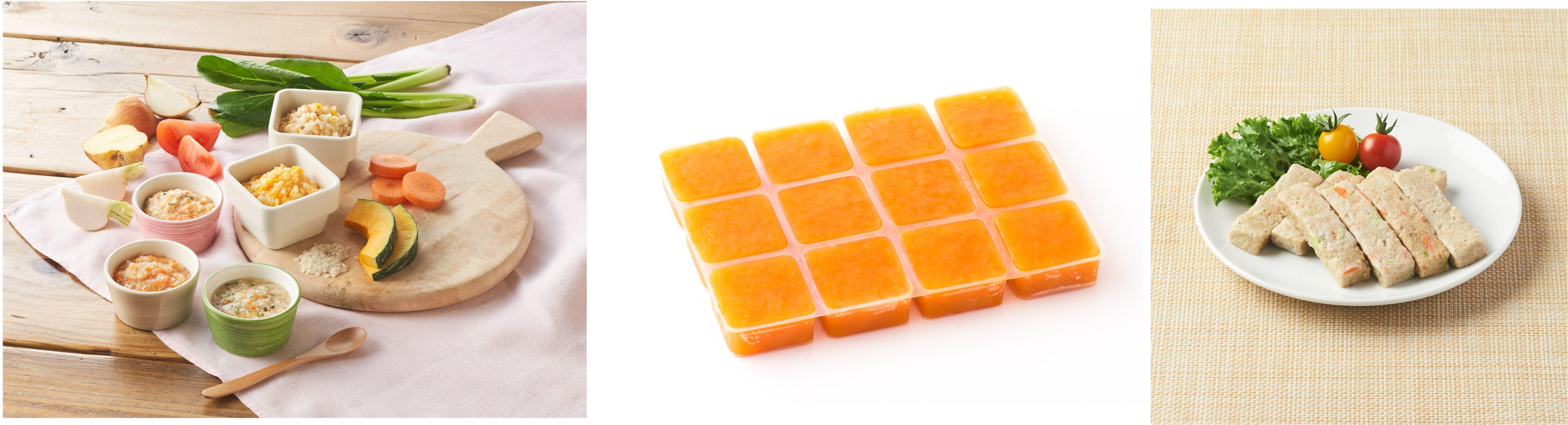 ▲Oisix「離乳食コース」お届け商品例（左から、離乳食中期コースでお届けするOisixの離乳食例（冷凍）、「安心野菜のベジキューブ（にんじんペースト）」「手づかみ食べに！いわしと豆腐と3種野菜のスティック」）
