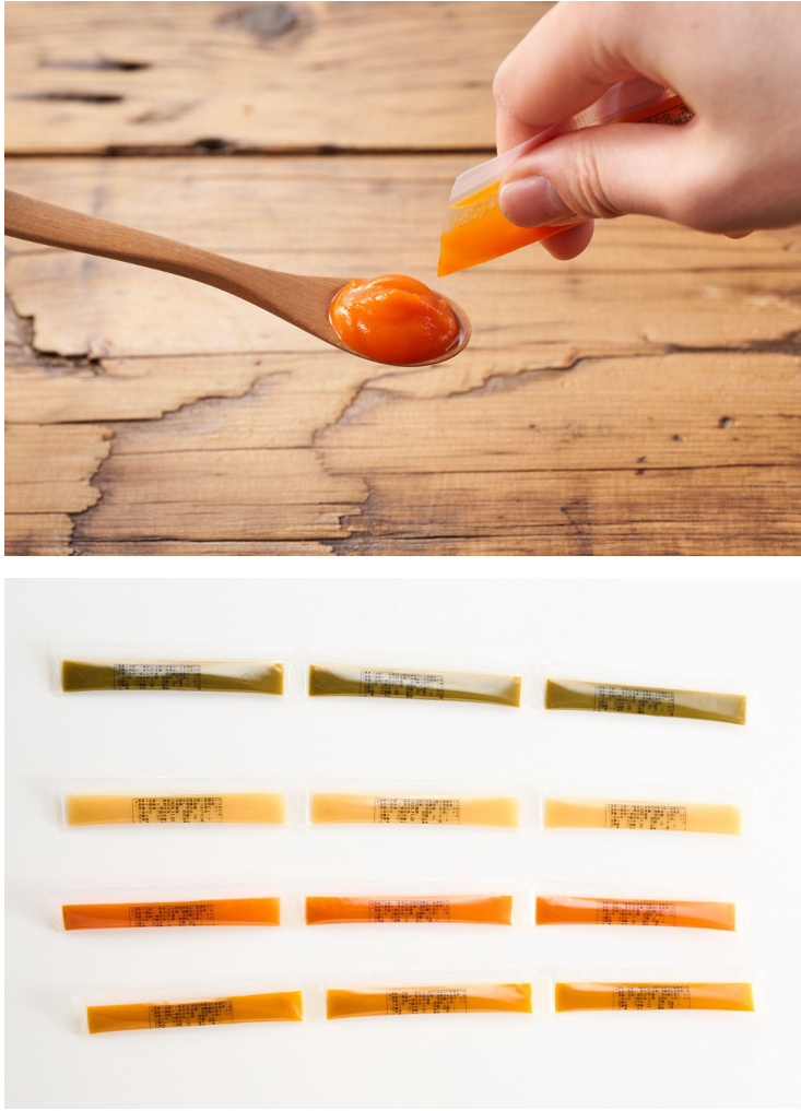 ▲（上から）「国産野菜ペースト4種セット 」利用イメージ、セット内容