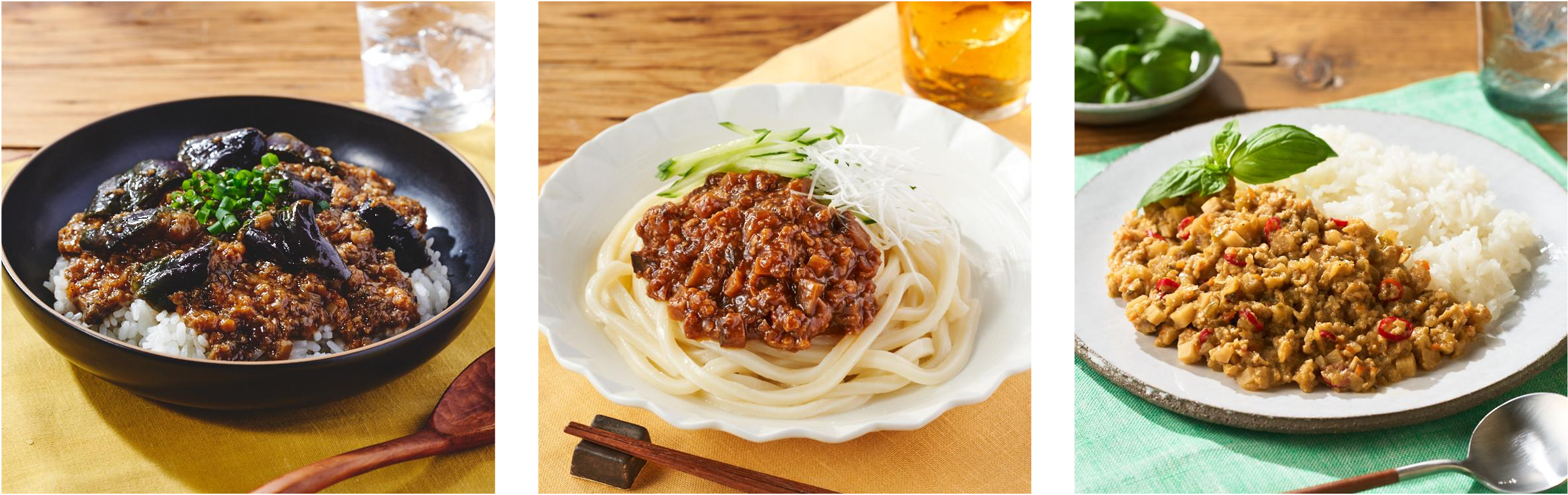 ▲（左より）「シビ辛！P肉麻婆茄子（丼の具）」「ピリッと旨辛！P肉ジャージャー麵の具」「5種国産野菜のP肉ガパオライス（丼の具）」