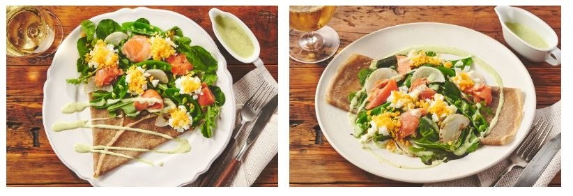 ▲Kit Oisix「春気分で楽しむ！そば粉のミモザガレット」の2つの盛り付けパターン