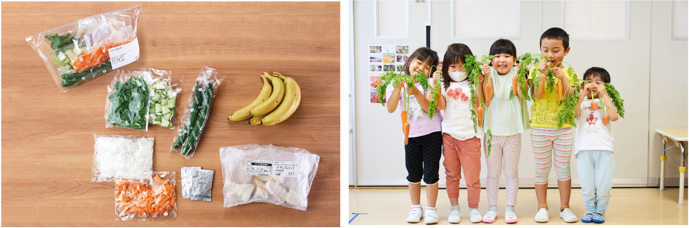 ▲「すくすくOisix」で提供する給食用ミールキット（左）と食育プログラム（右）