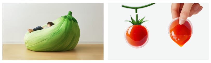 ▲(左から)「トロなすのビーズクッション」「みつトマトのケチャップ」