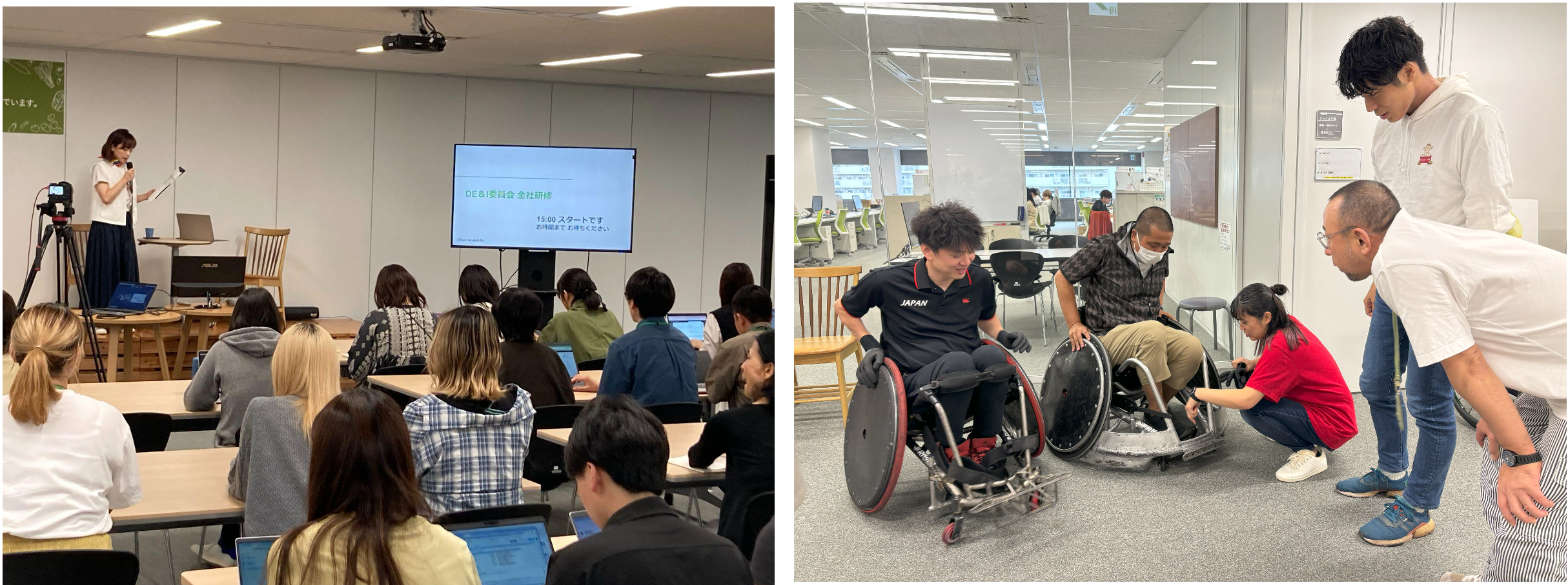 ▲ DE&I研修風景（左：LGBTQ+を学ぶ研修、右：パラアスリートから学ぶDE&I研修）