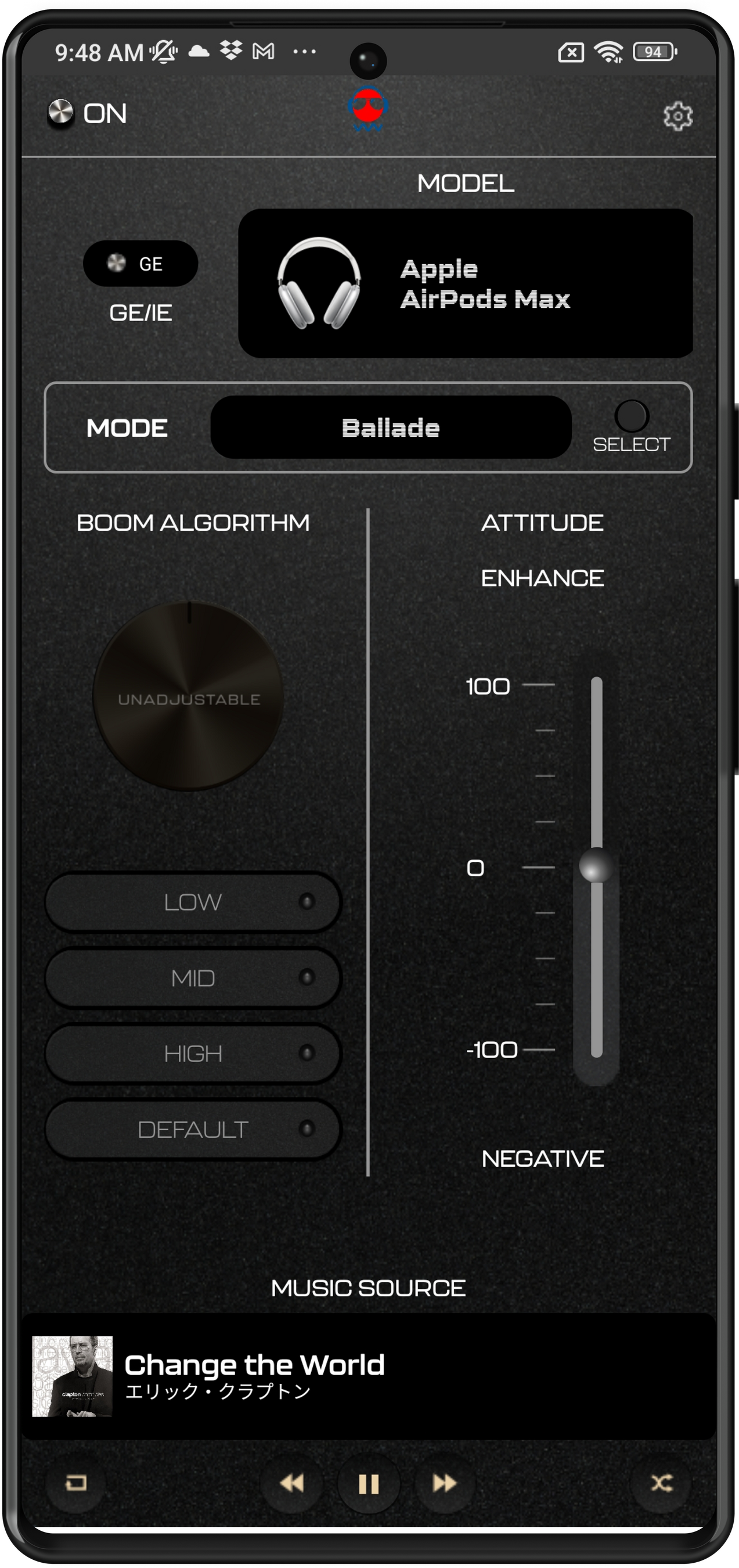 「グローバルエフェクトモード」MODE、MODELの選択が可能