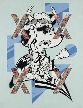 カネコタカナオ《XY 01》 2022／Acrylic, wood panel, canvas board,  Acrylic plate, cartoon magazine／145. 5 x 112 cm／photo by hiroshi noguchi