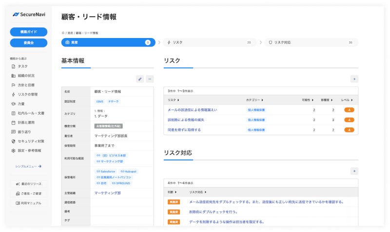 登録した情報資産に沿って、ISMSの規格要求事項に適合するための一般的なリスク対応がプリセットデータとして組み込まれています。