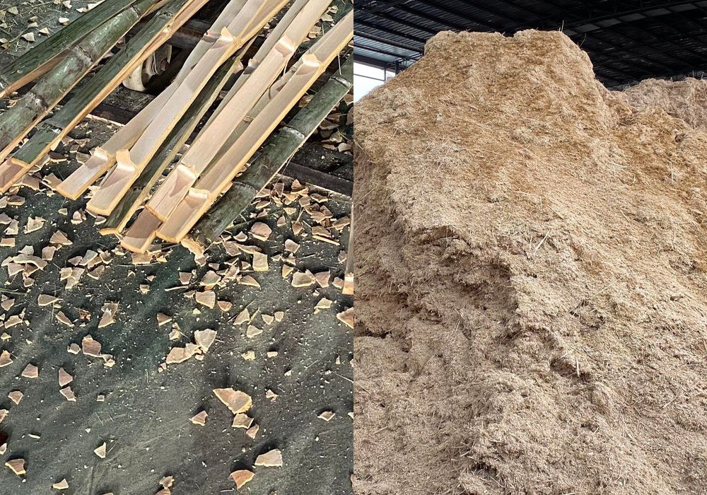 端材→粉末→形成で竹を余すことなく製品化する。