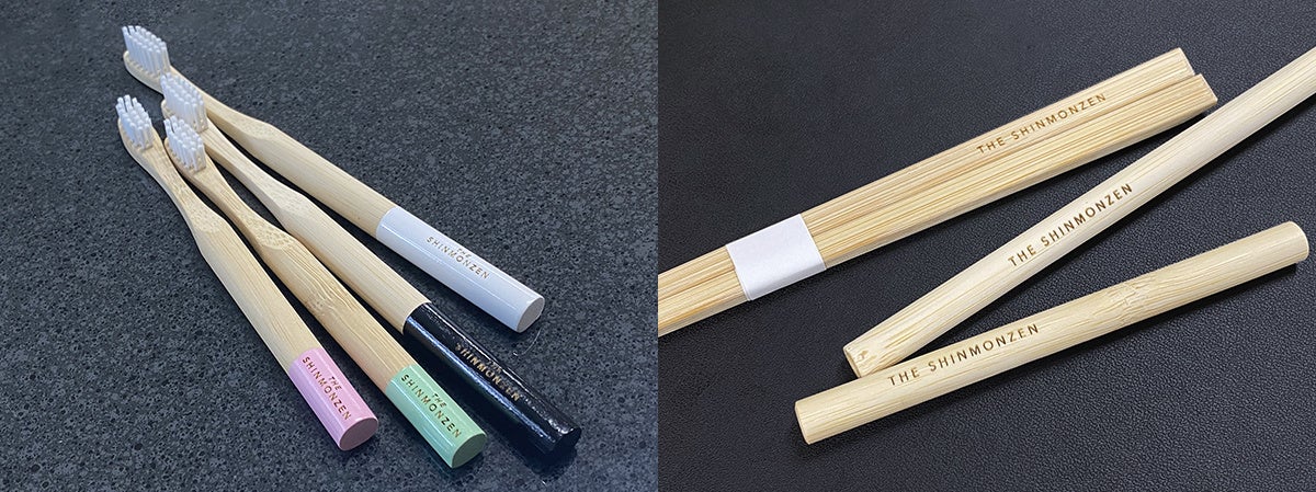 THE SHINMONZENには竹歯ブラシの他、箸とストローも採用された。