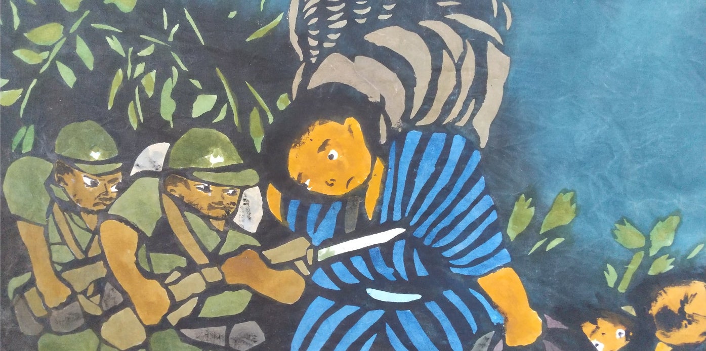 家を出て安全な場所を場所をさがすせいとくたち。しかし兵隊に作戦のじゃまだと言われ、ガマ（防空壕として利用された沖縄の洞窟）に入ることすら断られてしまう。